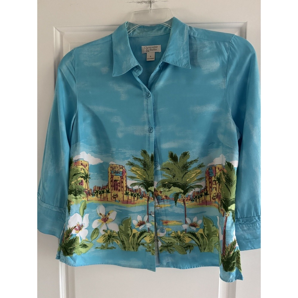 Christopher Banks Button Up Blouse Women's Size Small Tropical Caribbean Coastal